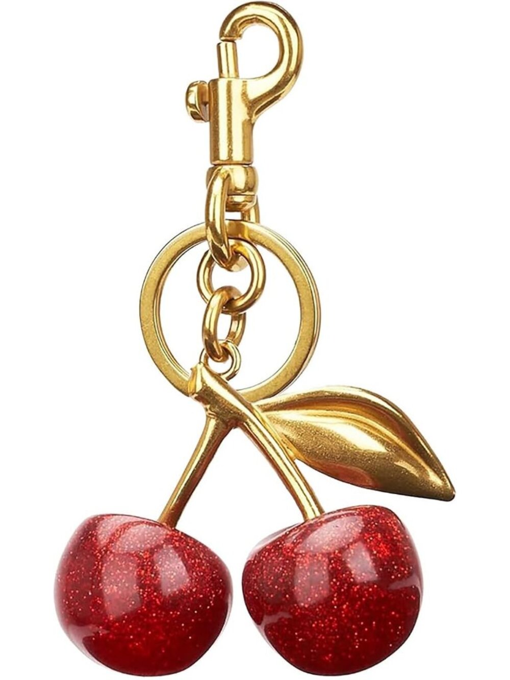 Red Cherry Keychain Charm with Glitter Cherries and Gold Leaf Bag Accessory